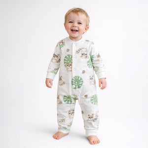 Cute Racoon & Palm Leaf, Full Sleeves Jumpsuit Romper for Tiny Toddlers - 3 - 6 Months Kids Clothing