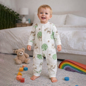 Cute Racoon & Palm Leaf, Full Sleeves Jumpsuit Romper for Tiny Toddlers - 3 - 6 Months Kids Clothing