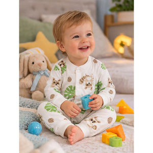 Cute Racoon & Palm Leaf, Full Sleeves Jumpsuit Romper for Tiny Toddlers - 3 - 6 Months Kids Clothing