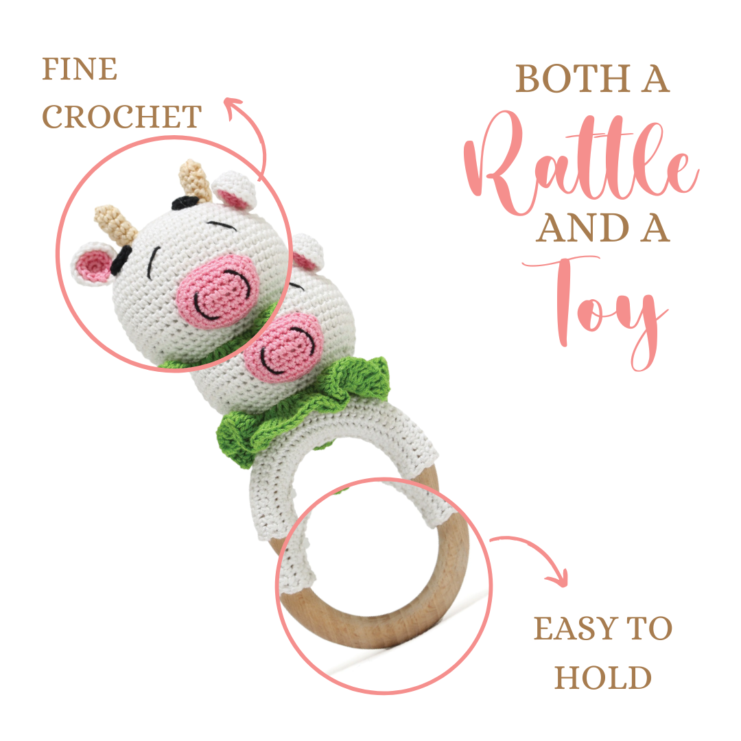 Happy Threads | Cute Cow Rattle - Soft Handmade Crochet Baby Toy