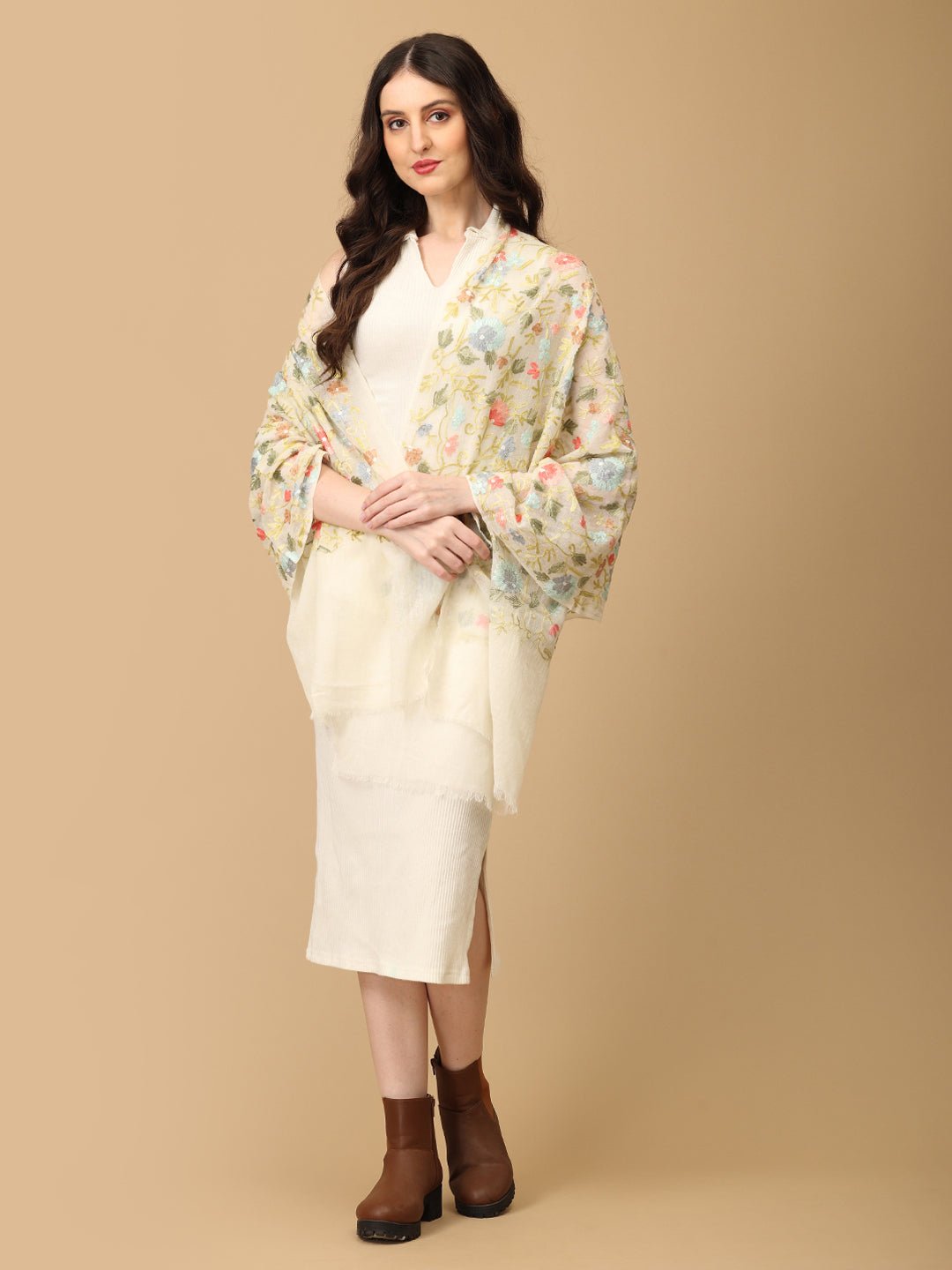 Daisy Dance Fine Wool Embroidered Stoles - WNTSTL - DSYDNC