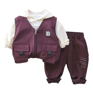 Dark Burgandy Designed 3 Pcs Sleeveless Jacket Styled Hoodie And Pant Suit Set For Toddlers And Kids - 3 - 4 Years Kids Clothing