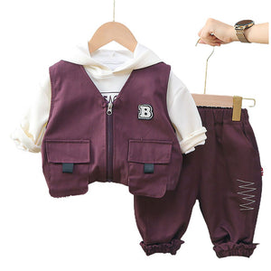 Dark Burgandy Designed 3 Pcs Sleeveless Jacket Styled Hoodie And Pant Suit Set For Toddlers And Kids - 3 - 4 Years Kids Clothing