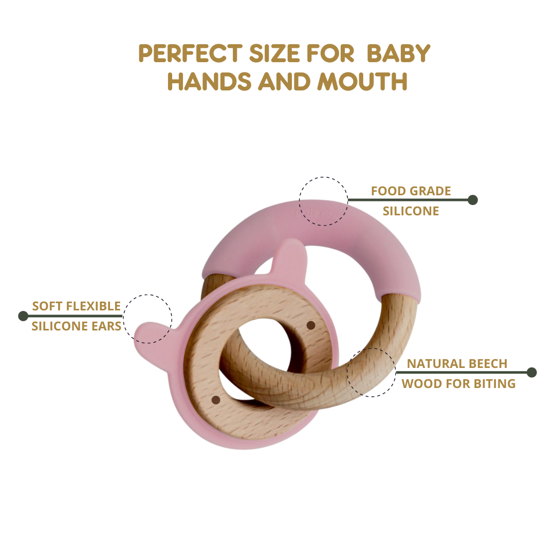 Little Rawr Wood + Silicone Disc & Ring Teether-Rabbit(Pink)