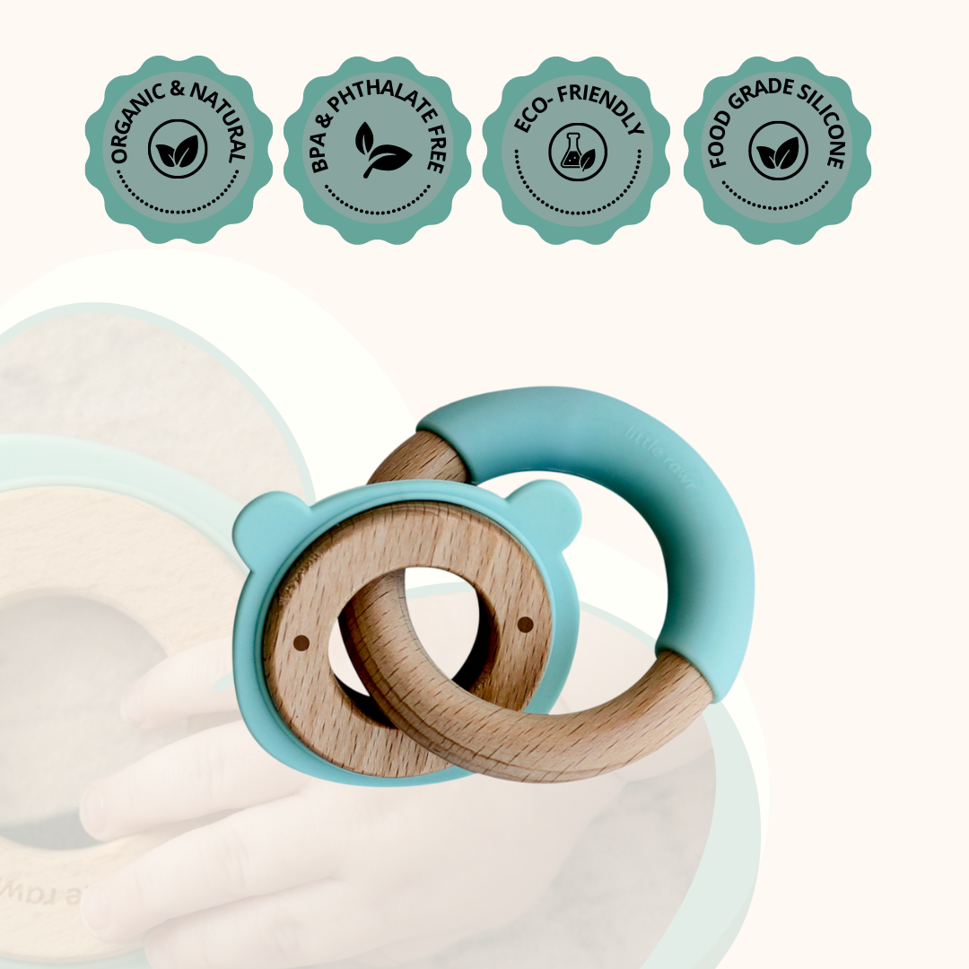 Little Rawr Wood + Silicone Disc & Ring Teether- Bear Blue