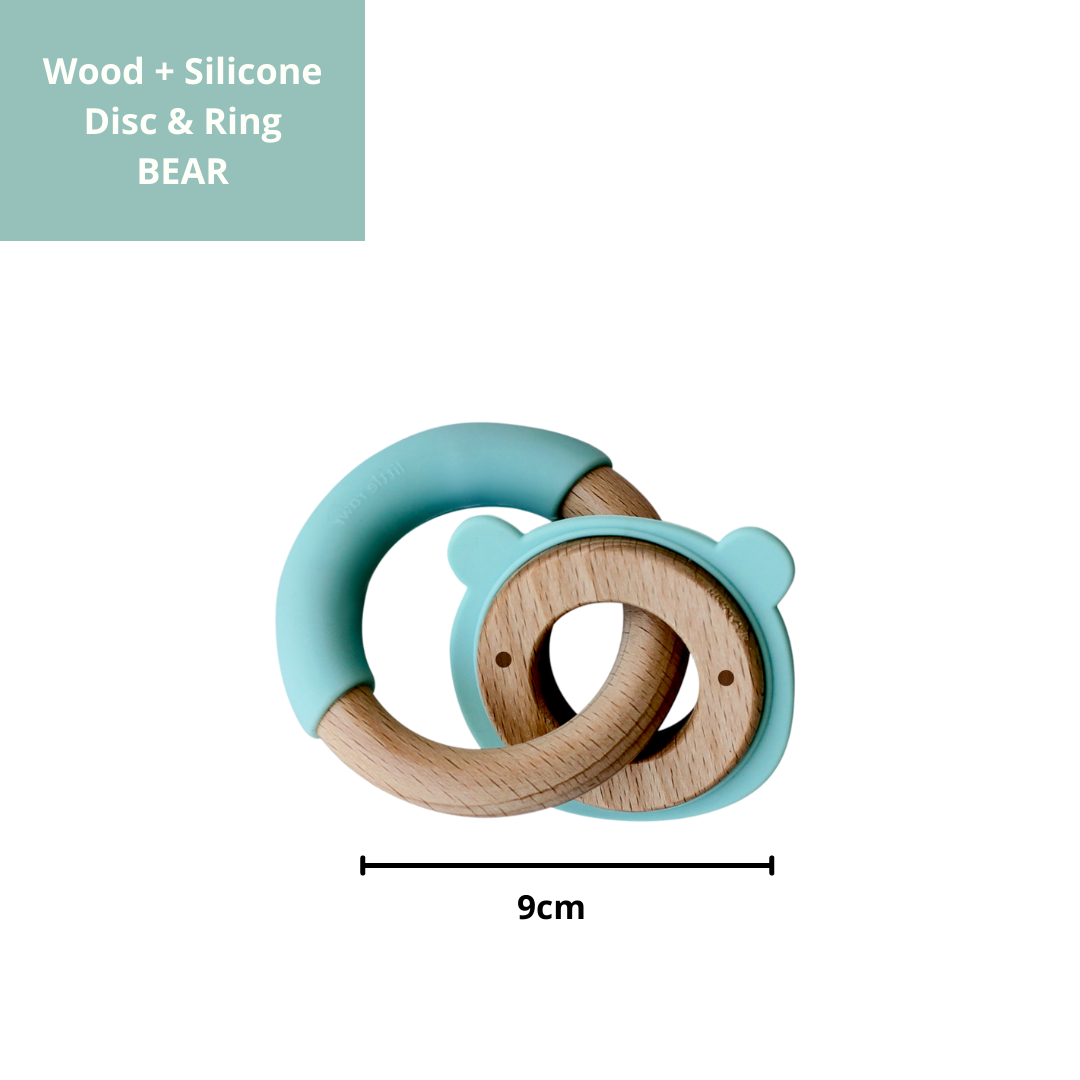 Little Rawr Wood + Silicone Disc & Ring Teether- Bear Blue