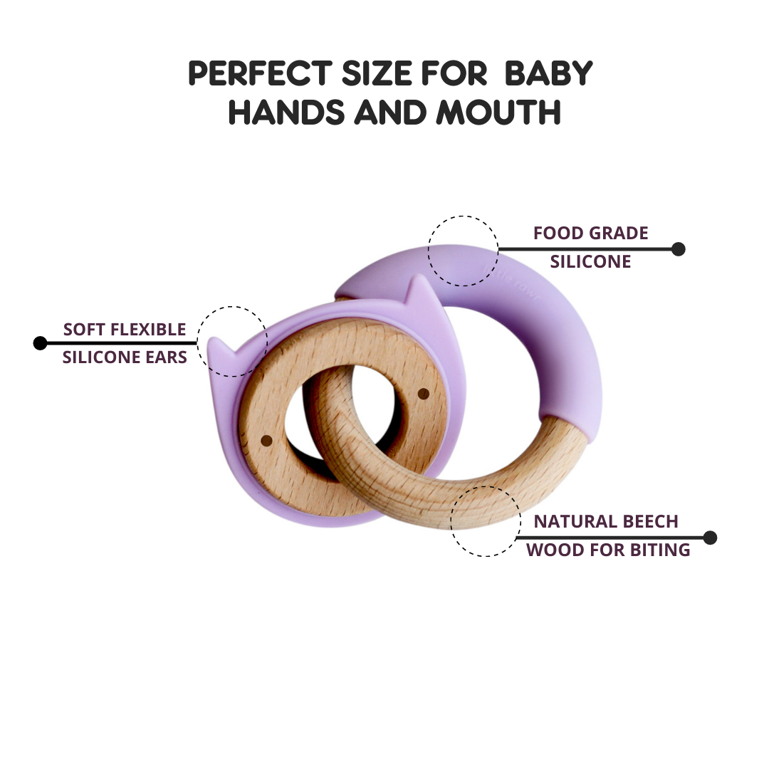 Little Rawr Wood + Silicone Disc & Ring Teether- Kitty(Purple)