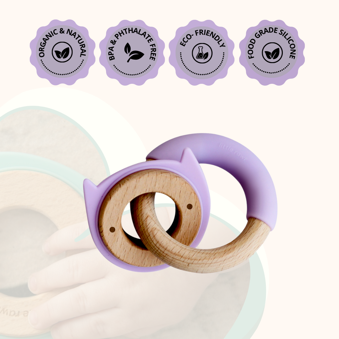 Little Rawr Wood + Silicone Disc & Ring Teether- Kitty(Purple)