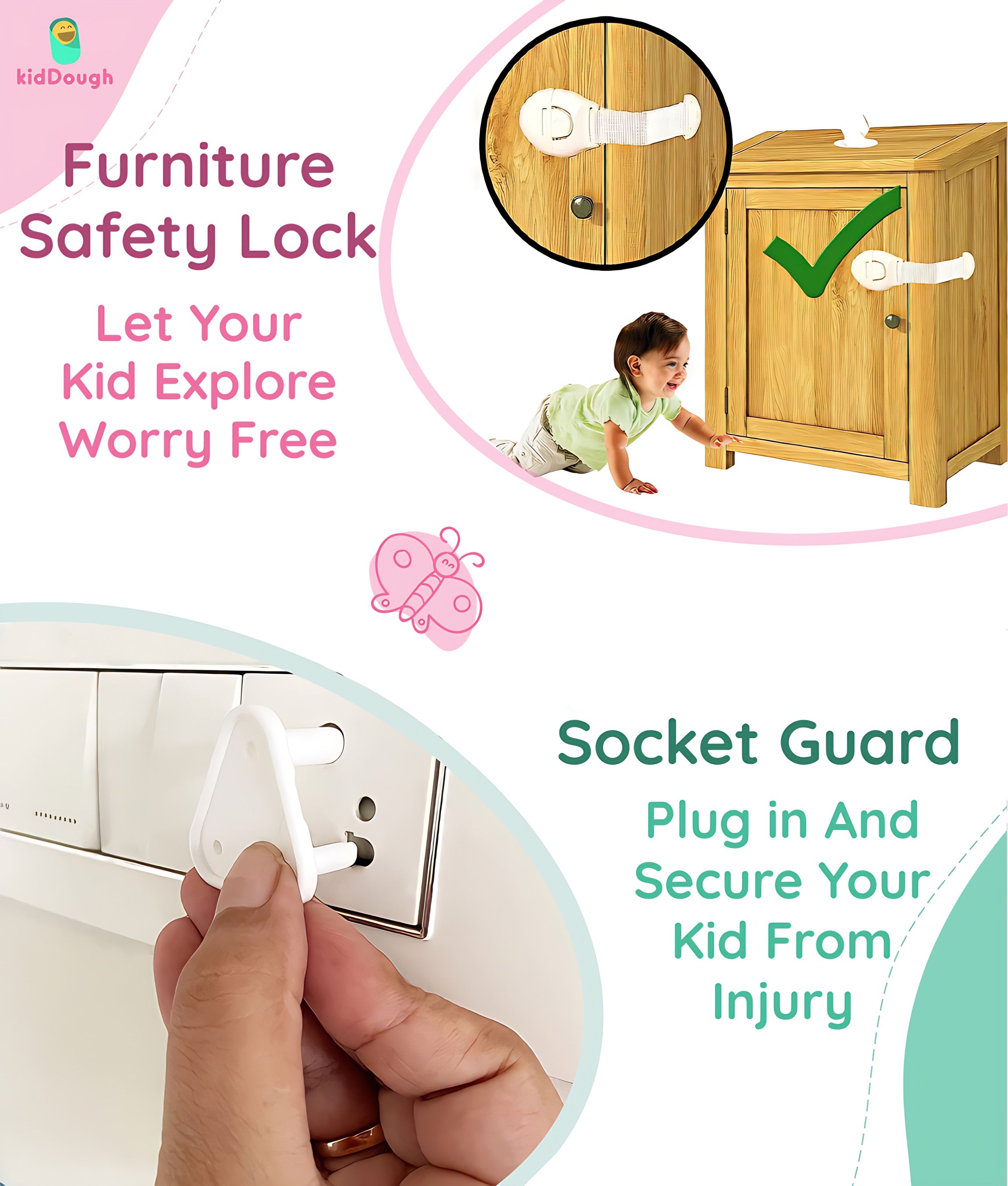 KidDough Baby Safety Kit | 2 Door Hinge Guard & Stopper, 5 Safety Locks, 6 Socket Guards