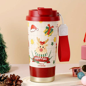Deer Happy, Christmas themed, stainless steel Coffee/Water Tumbler Bottle, 500ml with free cleaning brush - Back To School