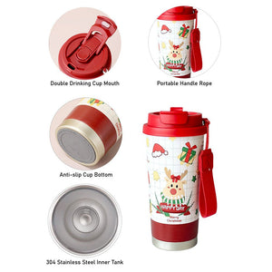 Deer Happy, Christmas themed, stainless steel Coffee/Water Tumbler Bottle, 500ml with free cleaning brush - Back To School