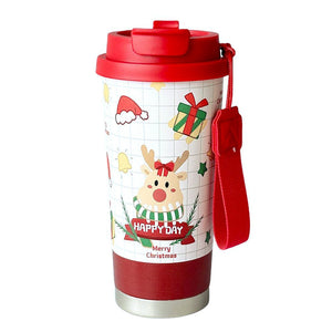 Deer Happy, Christmas themed, stainless steel Coffee/Water Tumbler Bottle, 500ml with free cleaning brush - Back To School