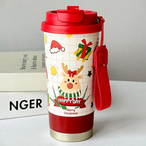 Deer Happy, Christmas themed, stainless steel Coffee/Water Tumbler Bottle, 500ml with free cleaning brush - Back To School