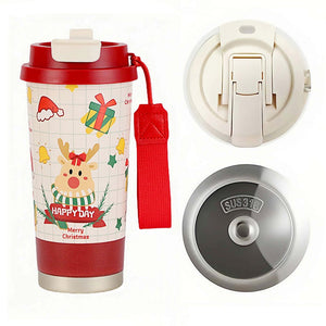 Deer Happy ,Red Lid Christmas themed, stainless steel Coffee/Water Tumbler Bottle, 500ml with free cleaning brush - Back To School