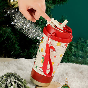 Deer Happy ,Red Lid Christmas themed, stainless steel Coffee/Water Tumbler Bottle, 500ml with free cleaning brush - Back To School