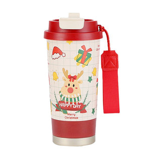 Deer Happy ,Red Lid Christmas themed, stainless steel Coffee/Water Tumbler Bottle, 500ml with free cleaning brush - Back To School