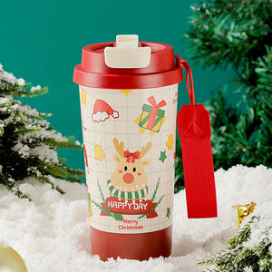 Deer Happy ,Red Lid Christmas themed, stainless steel Coffee/Water Tumbler Bottle, 500ml with free cleaning brush - Back To School