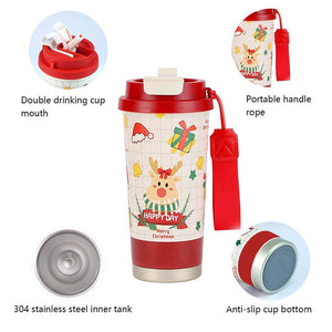 Deer Happy ,Red Lid Christmas themed, stainless steel Coffee/Water Tumbler Bottle, 500ml with free cleaning brush - Back To School