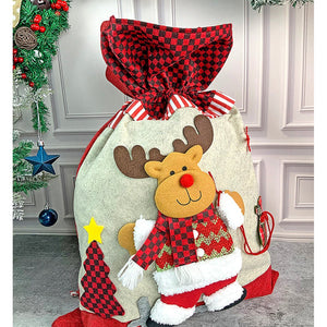 Deer Red & Grey Checks Christmas Sack - 