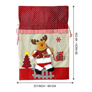 Deer Red & Grey Checks Christmas Sack - 