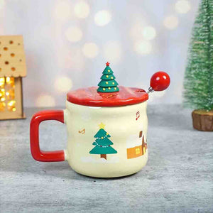 Deer with sledge Christmas Mug with 3d christmas tree Lid and Stainless Spoon. - Christmas