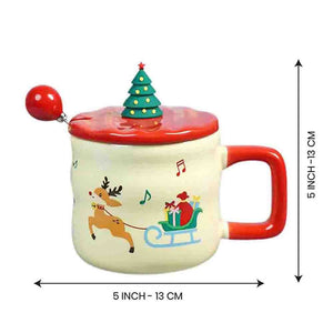 Deer with sledge Christmas Mug with 3d christmas tree Lid and Stainless Spoon. - Christmas