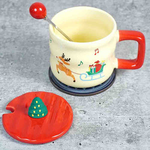 Deer with sledge Christmas Mug with 3d christmas tree Lid and Stainless Spoon. - Christmas