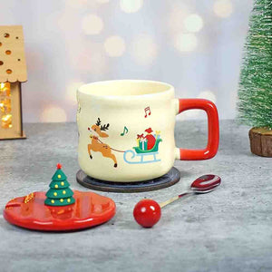 Deer with sledge Christmas Mug with 3d christmas tree Lid and Stainless Spoon. - Christmas