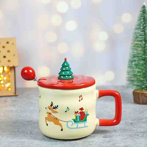 Deer with sledge Christmas Mug with 3d christmas tree Lid and Stainless Spoon. - Christmas