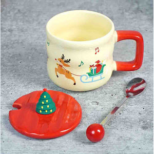 Deer with sledge Christmas Mug with 3d christmas tree Lid and Stainless Spoon. - Christmas