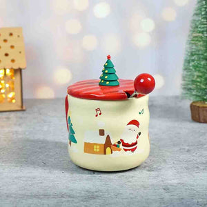 Deer with sledge Christmas Mug with 3d christmas tree Lid and Stainless Spoon. - Christmas