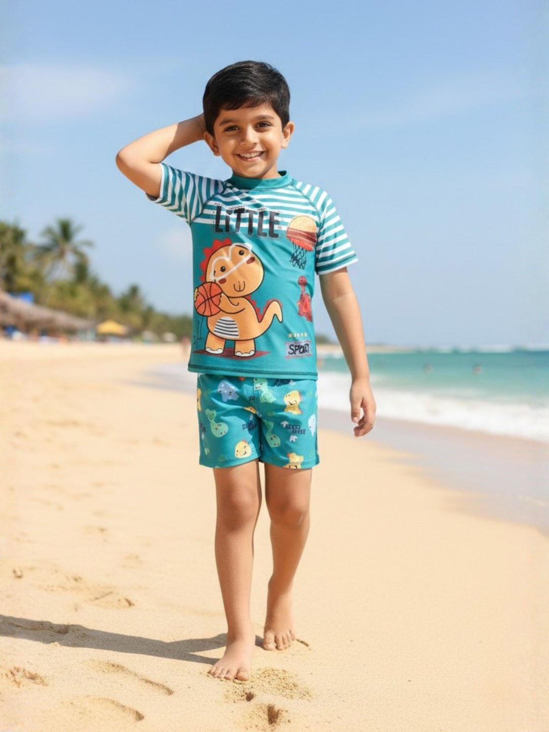 Dino Dribble Boys T-shirt And Short Swim Set - 3 - 4 Years Kids Swimwear