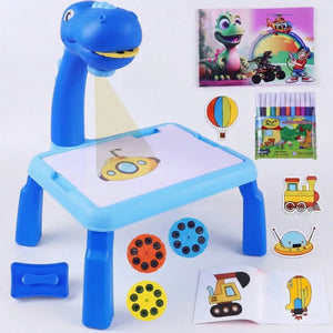 Children's drawing table with projector and coloring books on a white background