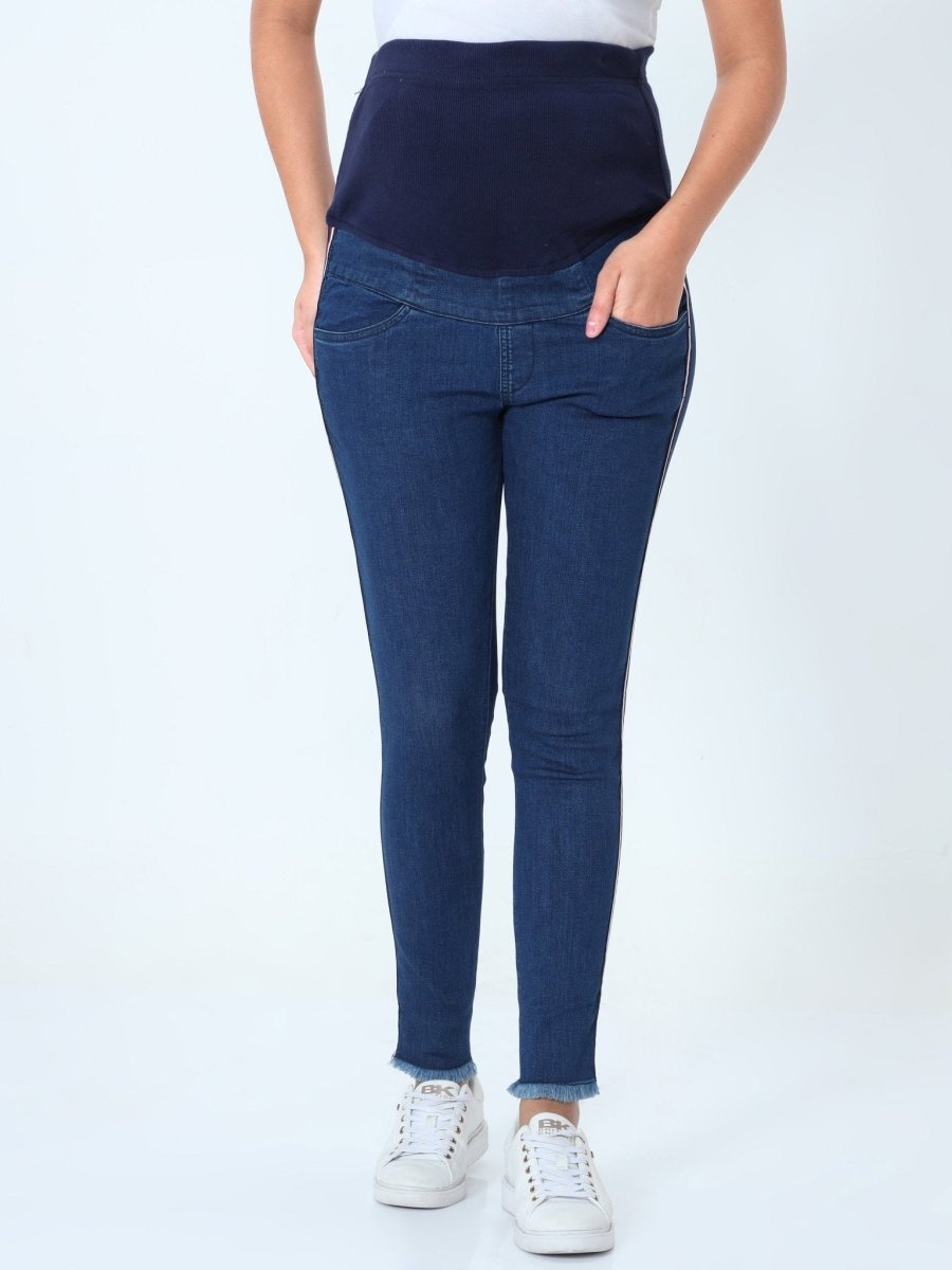 Distress Taped Maternity Denims with Belly Support-Blue - MDD-DTBLU-S