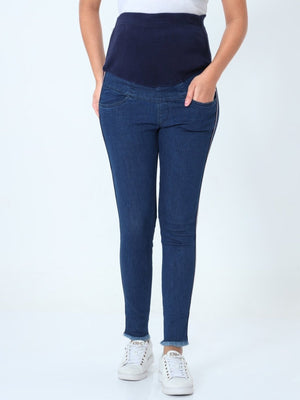 Distress Taped Maternity Denims with Belly Support-Blue - MDD-DTBLU-S