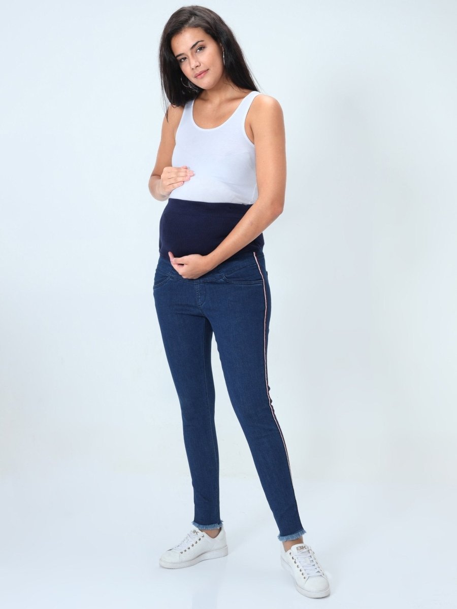 Distress Taped Maternity Denims with Belly Support-Blue - MDD-DTBLU-S