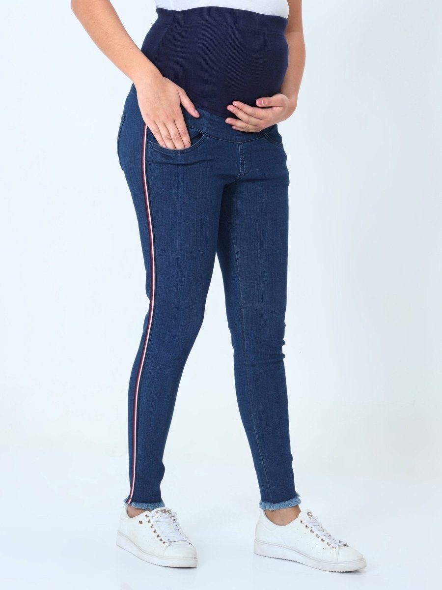 Distress Taped Maternity Denims with Belly Support-Blue - MDD-DTBLU-S