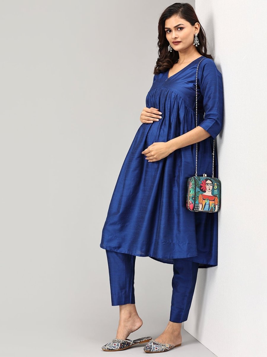 Diva Blue Maternity And Nursing Silk Kurta Set With Dupatta - MEW - SK - DIVBL - S