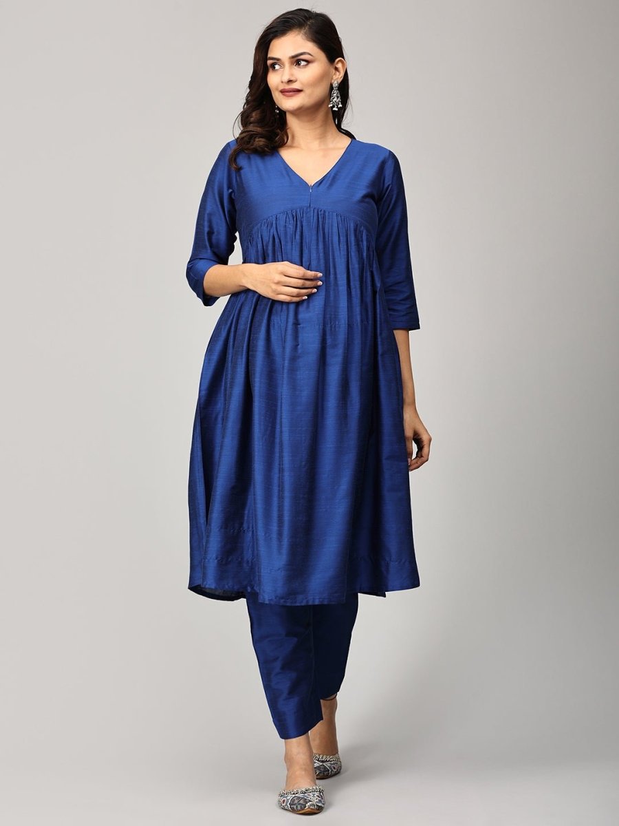 Diva Blue Maternity And Nursing Silk Kurta Set With Dupatta - MEW - SK - DIVBL - S