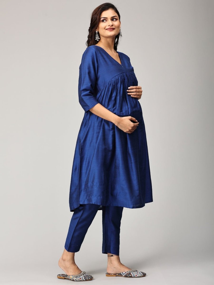 Diva Blue Maternity And Nursing Silk Kurta Set With Dupatta - MEW - SK - DIVBL - S