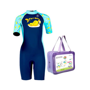 Dive Navy Blue Duck Printed, Half Sleeves, Knee Length Kids Swimwear in Upf 50+ Fabric with Swim Cap & Free Washbag - 3 - 4 Years Swim