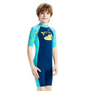 Dive Navy Blue Duck Printed, Half Sleeves, Knee Length Kids Swimwear in Upf 50+ Fabric with Swim Cap & Free Washbag - 3 - 4 Years Swim