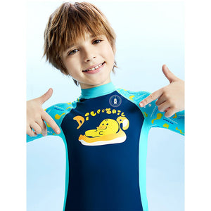 Dive Navy Blue Duck Printed, Half Sleeves, Knee Length Kids Swimwear in Upf 50+ Fabric with Swim Cap & Free Washbag - 3 - 4 Years Swim