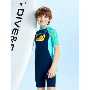 Dive Navy Blue Duck Printed, Half Sleeves, Knee Length Kids Swimwear in Upf 50+ Fabric with Swim Cap & Free Washbag - 3 - 4 Years Swim