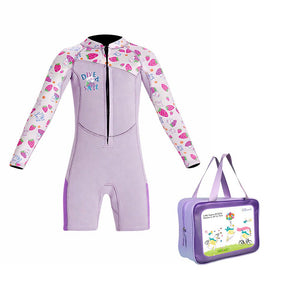 Dive Purple Strawberry Printed Knee Length 2.5mm Neoprene Kids Swimsuit with Free Washbag - 4 - 5 Years Swim