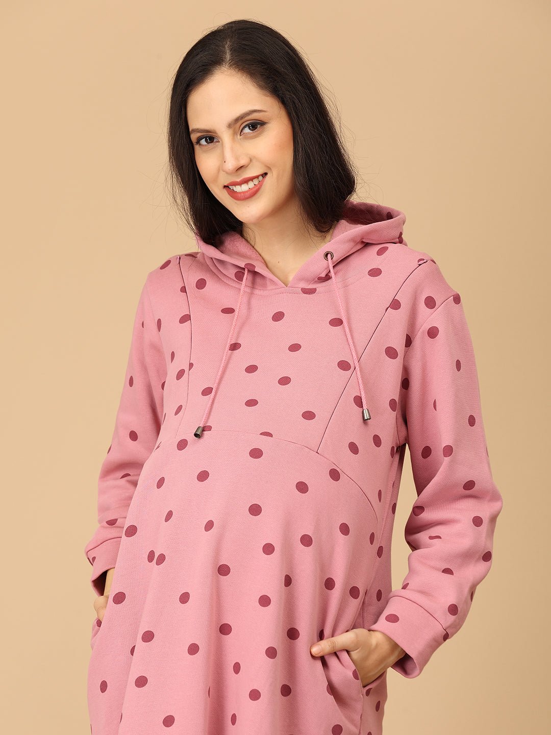 Dot Dot Blush Maternity and Nursing Hoodie Dress - WDRS - SD - DTDB - S