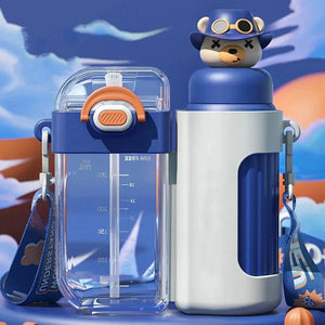 Double Tumbler Blue bear detachable set water bottle, 400 ml & 320ML for Kids and Adults - Back To School
