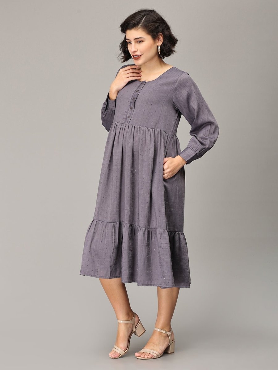 Downtown Chic Maternity And Nursing Midi Tier Dress - MEW-SK-GRY-S
