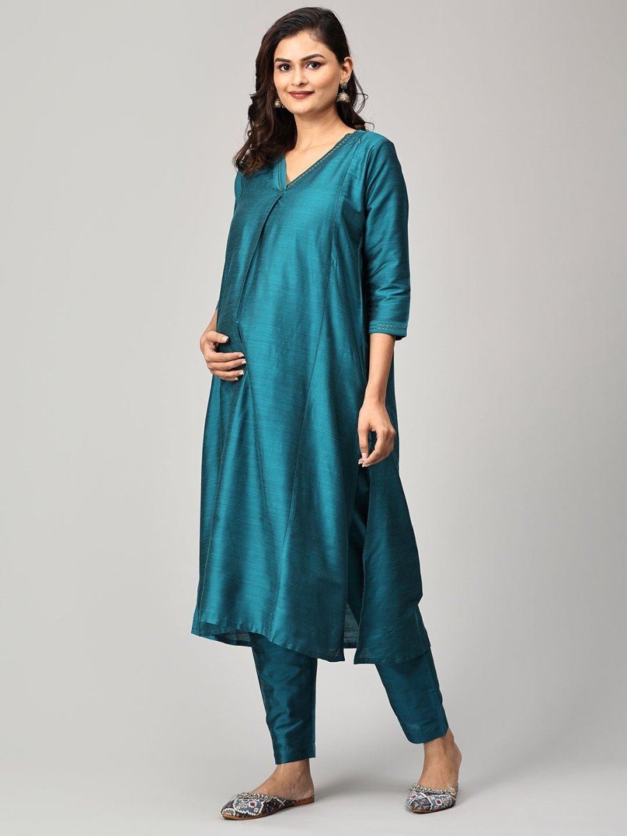 Drama at Gala Embroidered Maternity and Nursing Silk Kurta Set With Dupatta - S Maternity Ethnic Set