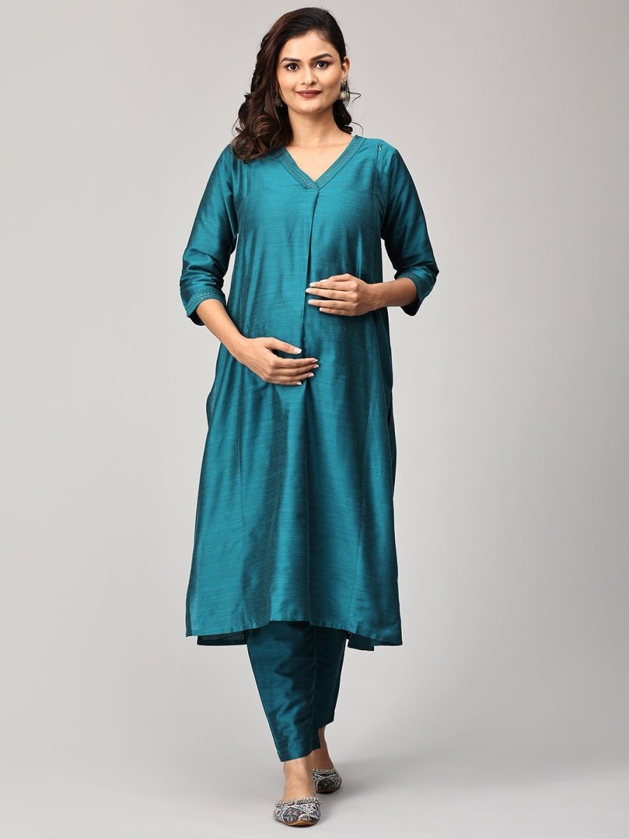 Drama at Gala Embroidered Maternity and Nursing Silk Kurta Set With Dupatta - S Maternity Ethnic Set